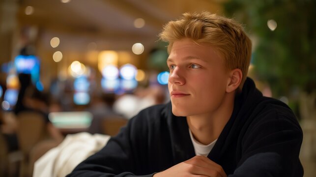 Sad portrait of a young man lost in thought, reflecting the internal struggle of gambling addiction with a blurred casino scene behind him. Soft diffused lighting enhances the melancholy atmosphere