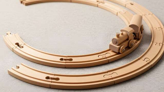 Minimalist wooden toy train with cargo wagons traveling on curved railway tracks, representing sustainable play, classic childhood imagination, and eco-friendly Montessori educational toys for toddler