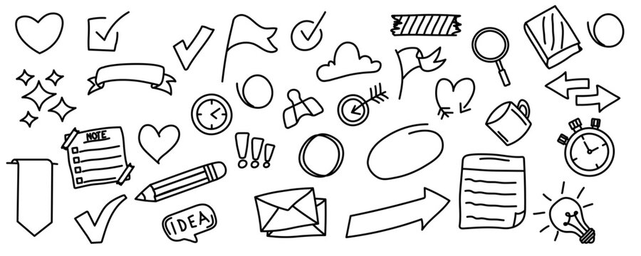 Hand drawn style doodle designs featuring office and productivity themed sketches such as clocks, lightbulbs, pencils, notes, and symbols, suitable for planners, journals, and organizational layouts.