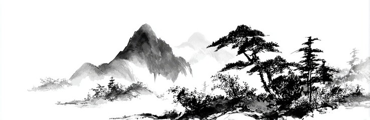 Fototapeta premium A traditional ink painting depicts layered mountains, trees, and mist in grayscale tones