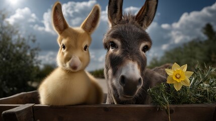 Whimsical farm animals in a charming setting, evoking feelings of nostalgia and simplicity, perfect for country-themed projects. A cozy scene with a donkey and a duckling beside a quaint wooden
