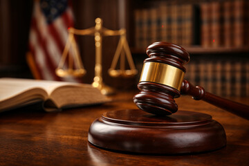 Judge Gavel and Scales of Justice in Courtroom &ndash; Law and Legal System Concept&rdquo;