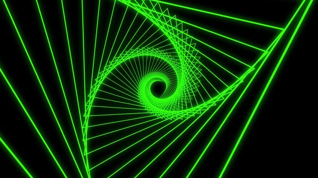 Green Neon Spiral Tunnel Abstract Background. Digital Neon Triangle Spiral Motion Design