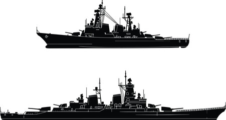 Naval warship silhouettes illustration, battleship destroyer comparison, side views, military vessel design, radar systems, gun turrets, modern naval engineering © MdMasud