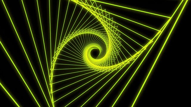 Yellow Neon Spiral Tunnel Abstract Background. Digital Neon Triangle Spiral Motion Design.