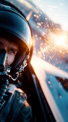 Fototapeta premium A professional aviator pilots a fighter jet above the clouds