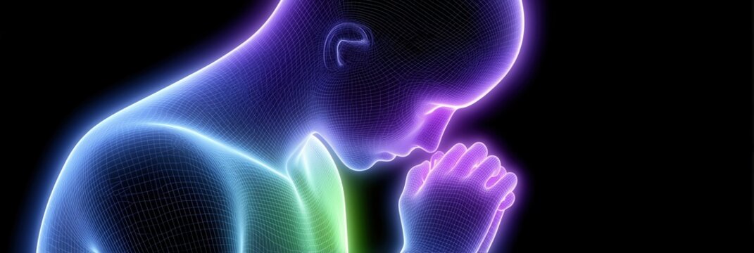 Abstract 3D wireframe human figure praying with neon glow in purple and green against black background