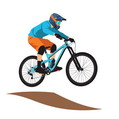 Obraz premium Downhill mountain biker in mid-air, jumping over dirt ramp, active lifestyle illustration