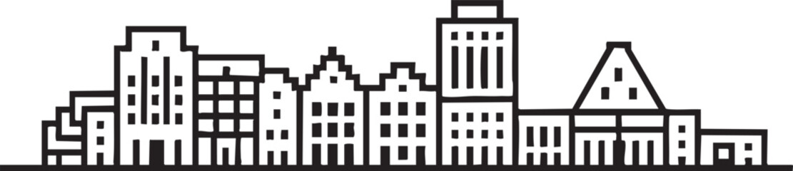 Cityscape silhouette with diverse building styles and simple line art illustration