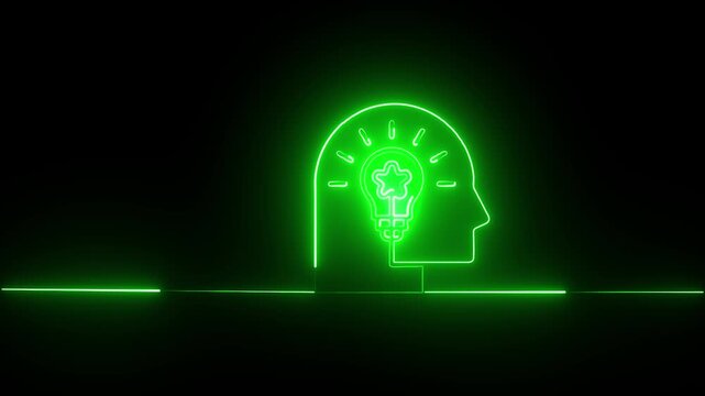 Neon Green Human Head with Brain Lightbulb Concept on Dark Background,