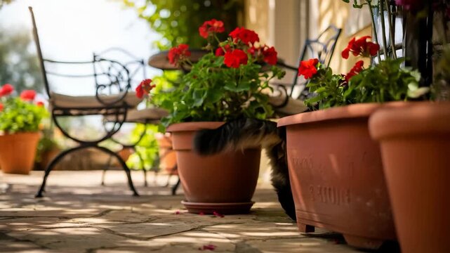 A tabby cat walks across an outdoor patio with potted red geranium plants and garden furniture on a sunny day