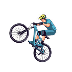 Naklejka premium Mountain biker performing a wheelie on a blue bicycle, wearing a yellow helmet and blue gear.
