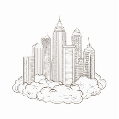Fototapeta premium Cityscape with Skyscrapers and Clouds Line Art Illustration.