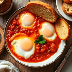 Tunisian food. A plate of shakshuka with poached eggs in a spicy tomato sauce, served with crusty bread.