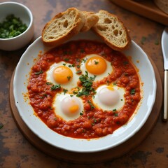 Tunisian food. A plate of shakshuka with poached eggs in a spicy tomato sauce, served with crusty bread.