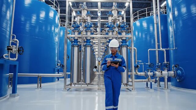 Female engineer inspecting industrial water treatment system