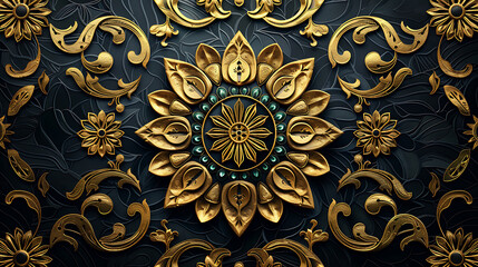 Intricate Golden Floral Ornament On Dark Textured Background With Luxury Vintage Decorative Design.