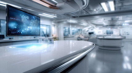 Obraz premium Futuristic laboratory with digital world map display and glossy white workstation