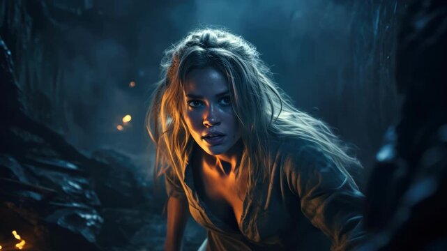 Scared young woman, frightened girl in dark forest at spooky night	
