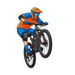 Fototapeta premium Mountain Biker Performing Wheelie Trick with Full Protective Gear