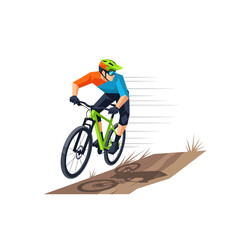 Fototapeta premium Mountain biker riding fast downhill on a dirt trail, dynamic action illustration.