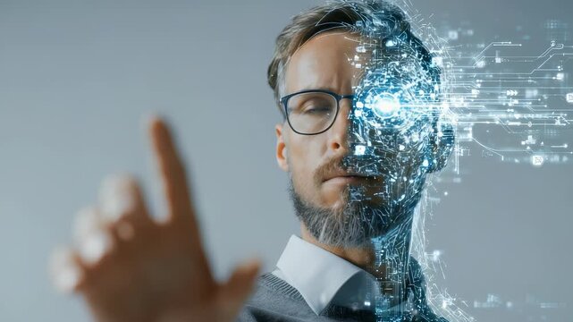 A professional male touches a virtual screen, with half his face depicted as advanced digital circuitry. This image symbolizes AI, technology evolution, and the merging of human and machine
