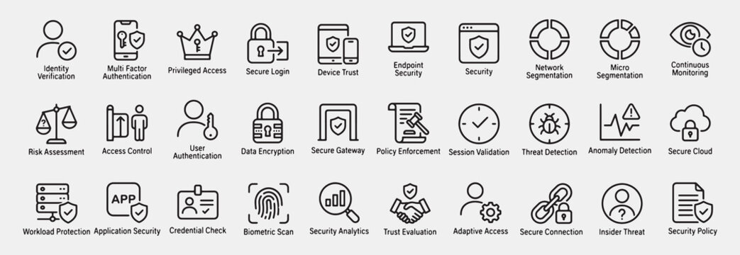 Zero Trust Cybersecurity Model Outline Icons Set. Pictograms of identity verification, multi-factor authentication, secure login, device trust, credential check, biometric scan, and more.