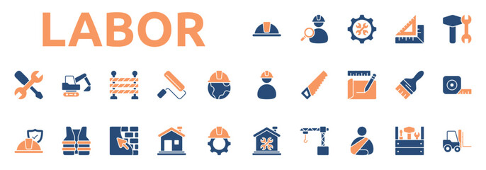 Labor icon two color style with safety, helmet, worker, search, mechanic, triangle, ruler, equipment, engineer icons