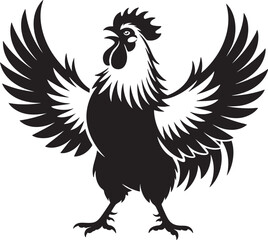 Obraz premium Silhouette of a rooster with wings spread open, vector illustration, black and white graphic, transparent background