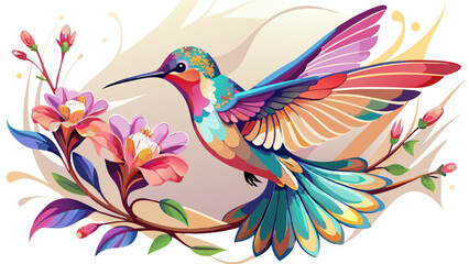 Obraz premium Very beautiful green violetear hummingbird hovering beside vivid red and yellow blossoms, surrounded by lush mountain rainforest scenery, portraying a lively tropical habitat rich with biodiversity an