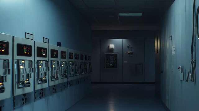 Long, narrow corridor inside a modern data center or factory, featuring rows of illuminated control panels and glowing screens, creating a high tech and industrial atmosphere