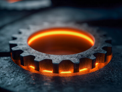 Industrial metal gear heated to a glowing orange state during the high-temperature fabrication process in a dark manufacturing environment