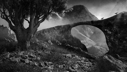 Jurrasic scene - Trex dinosaur  on mountain ,3D illustration. Made in Blender © Mikael Damkier