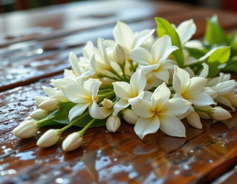 Fresh White Plumeria Flowers on Wet Wood: A Symbol of Thai Culture and Beauty