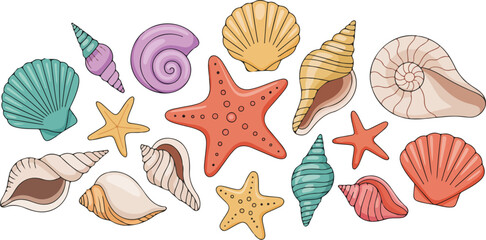 Marine life elements set beautiful seashells and starfish collection. © Md. Mozammel Hoq