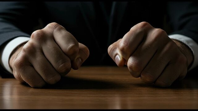 Businessman clenching fists on table tension and stress concept