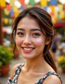 Smiling Woman Celebrates Songkran with Traditional Din Sor Phong Powder, Cheerful Festival Portrait with Colorful Bokeh Background