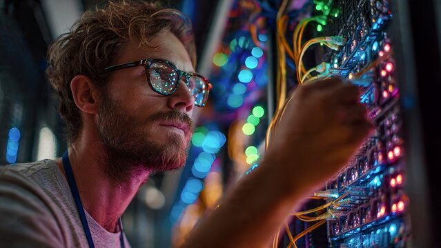 Male IT technician inspecting server rack hardware in modern server room