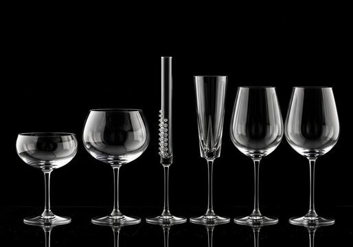 Collection of assorted stemware displayed against a deep black background