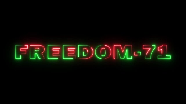 Freedom 71 Text in Vibrant Neon on Dark Background. Glowing Neon Freedom 71 Sign with Retro Futuristic Effect. Abstract Freedom 71 Typography with Bright Neon Light Glow