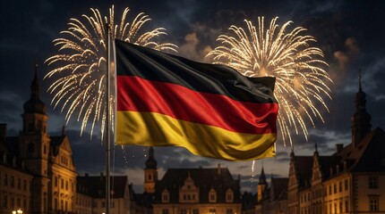 German flag waving against a night sky with fireworks over a historic city.