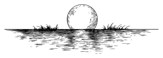 Full moon over water reflection drawing © Kaz