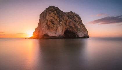 Serene Long Exposure Sunrise at Coastal Rock Formation with Natural Arch and Vibrant Sunburst Reflected on the Calm Sea
