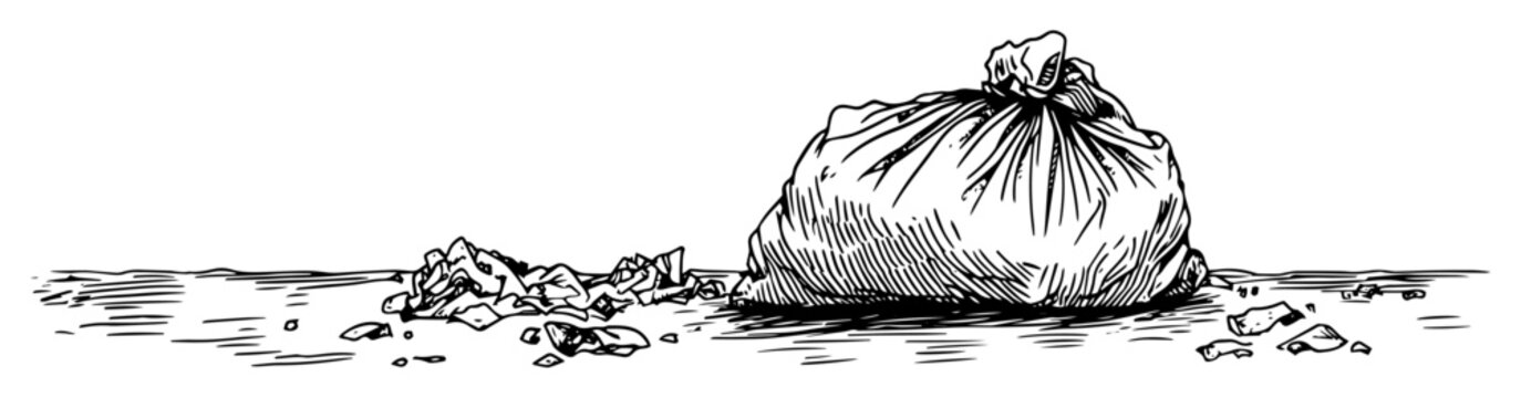 Trash bag with litter sketch illustration