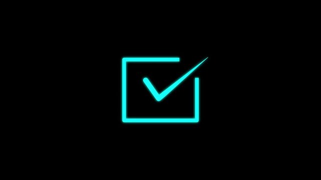 Cyan Check Mark Square Icon on Black Background &ndash; Approval, Verified, Completed Symbol. Tick mark icon symbol approval concept. Cyan check sign confirmation agreement success design.