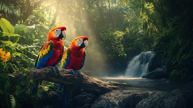 A tropical scene with two parrots perched on a rock overlooking a waterfall and lush foliage.