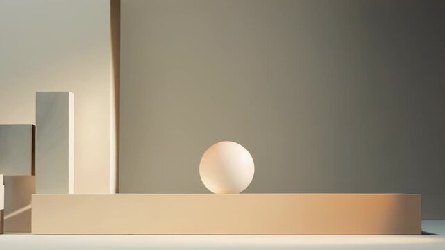Minimalist studio scene displaying a smooth sphere balanced on a long plinth, complemented by a stack of marble textured geometric blocks against duotone walls, creating a clean abstract composition