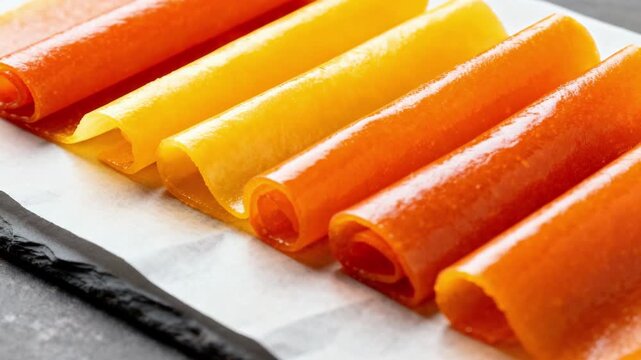 Closeup medium shot capturing tropical fruit leather strips being neatly cut on parchment emphasizing bright orange and yellow tones and smooth finish.