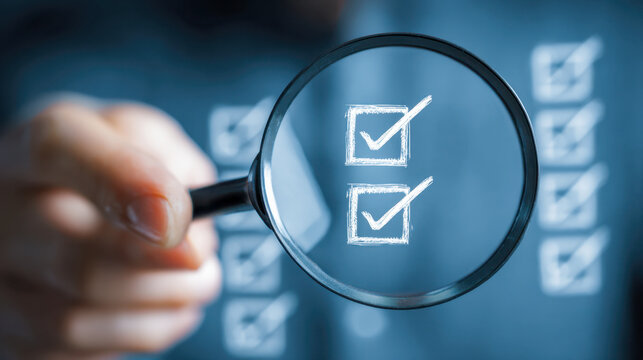 Person holding a magnifying glass highlighting checkmarks on a list symbolizing thorough review and attention to detail in task completion