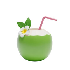 Green coconut cocktail with pink straw and flower decoration isolated on transparent background